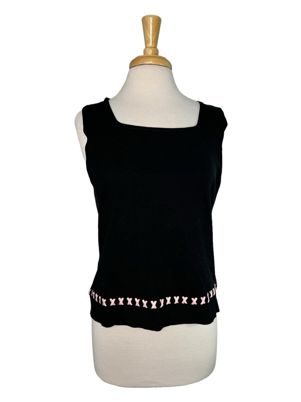 AUGUST SILK *NEW* Black Pink Ribbons Silk Blend Sleeveless Top Size XL Knit